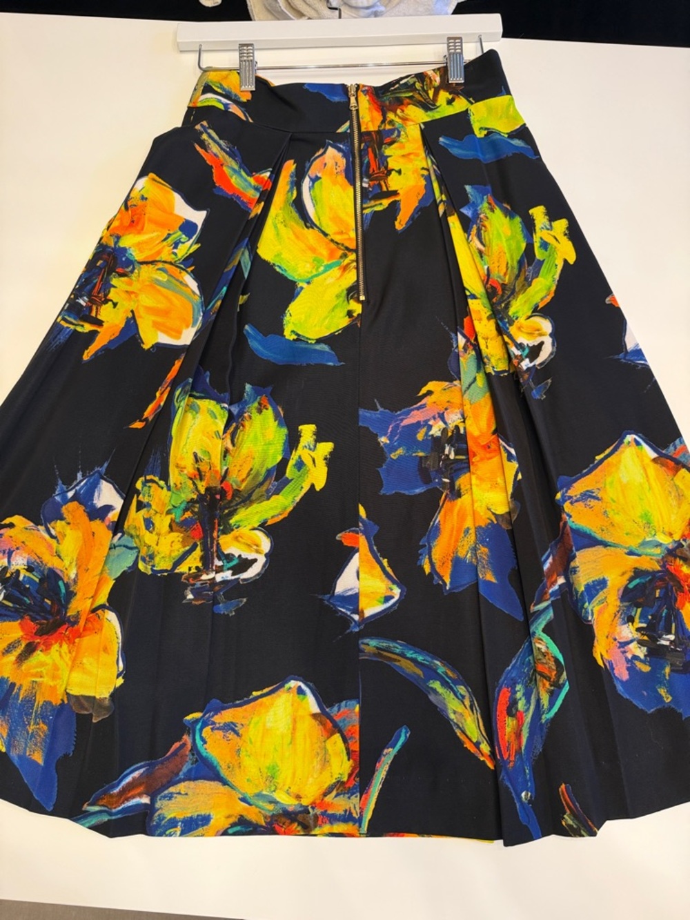 Milly Black Floral A-Line Midi Skirt with Yellow & Blue Brushstroke Print - Picture 4 of 8